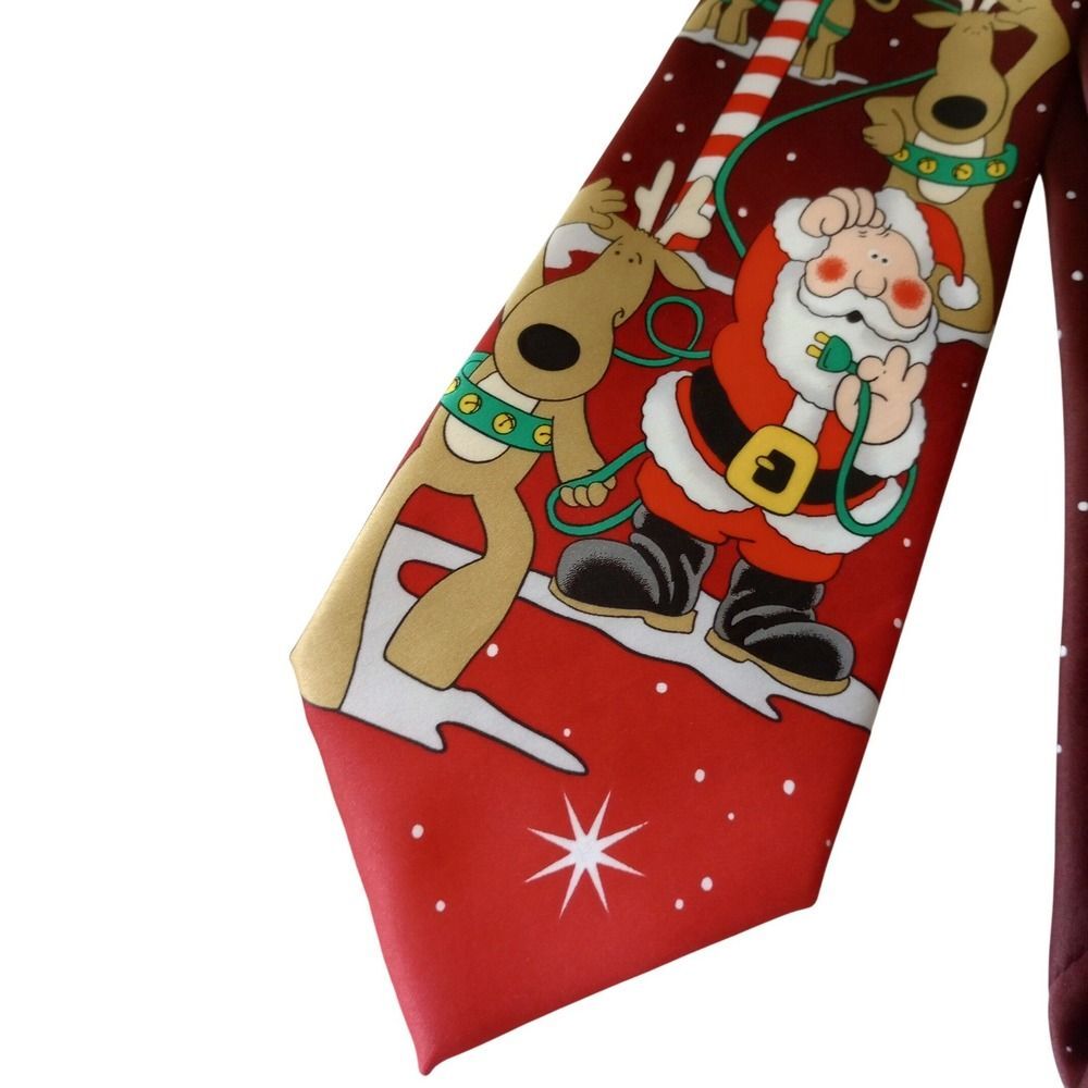 Tie Tales Mens Christmas Necktie Santa Claus Reindeer North Pole Red Polyester